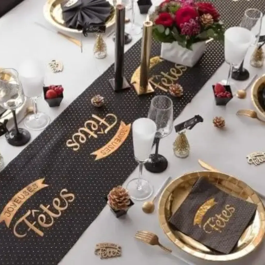 Chemin de table en coton Joyeuses Fêtes - Noir - 3m*28cm