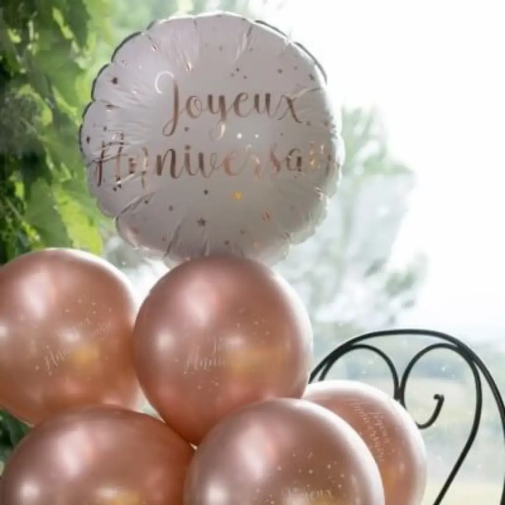 Ballon Joyeux Anniversaire Blanc/Or Rose ø45cm 