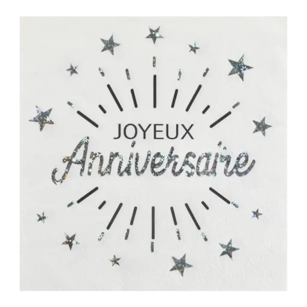 Serviette Joyeux Anniversaire Blanc/Argent (lot de 10)