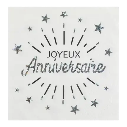 Serviette Joyeux Anniversaire Blanc/Argent (lot de 10)