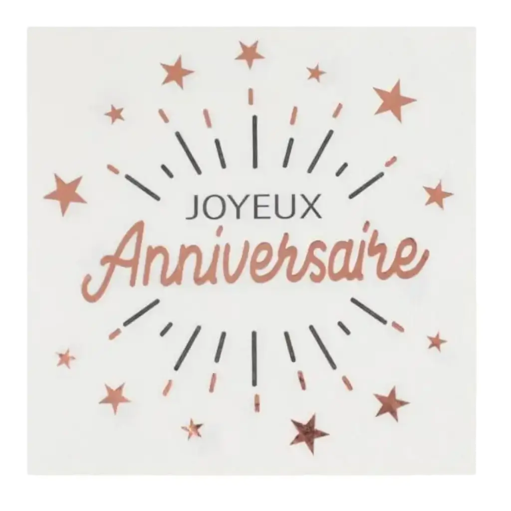 Serviette Joyeux Anniversaire Blanc/Or Rose (lot de 10)