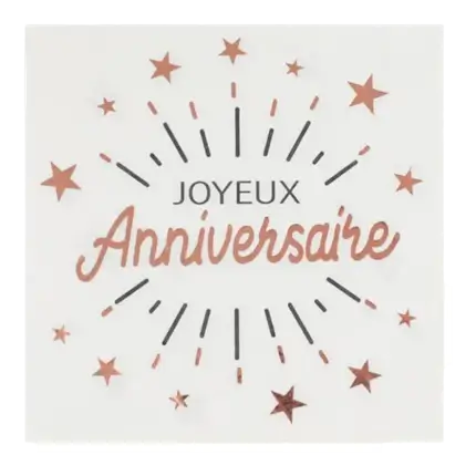 Serviette Joyeux Anniversaire Blanc/Or Rose (lot de 10)