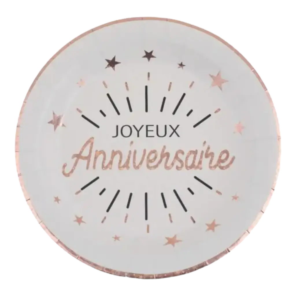 Assiette Joyeux Anniversaire Or Rose (lot de 10)