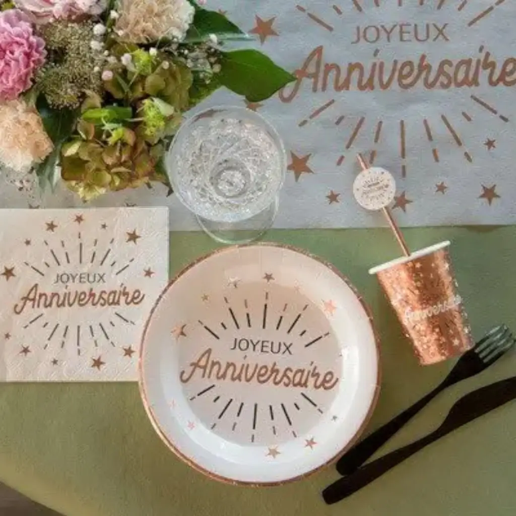 Assiette Joyeux Anniversaire Or Rose (lot de 10)