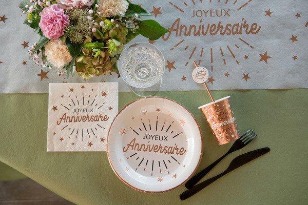 Assiette Joyeux Anniversaire Or Rose (lot de 10)