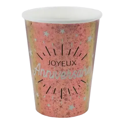 Gobelet Joyeux Anniversaire Or  Rose (lot de 10)