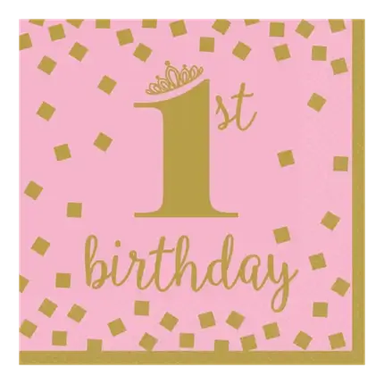 Serviette 1st Birthday Rose et Or (Lot de 16)