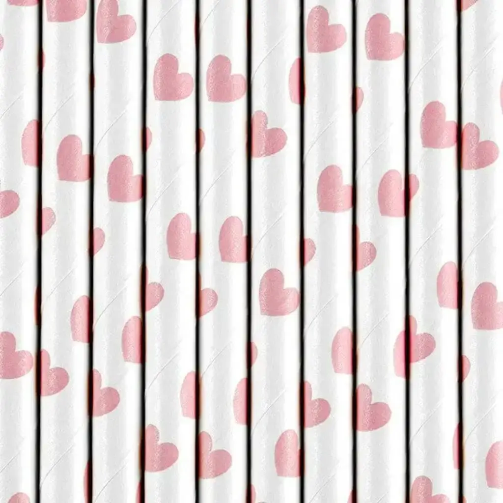Pailles en papier blanches avec motif coeur rose - LOT DE 10
