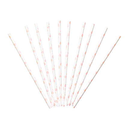 Pailles en papier blanches avec motif coeur rose - LOT DE 10