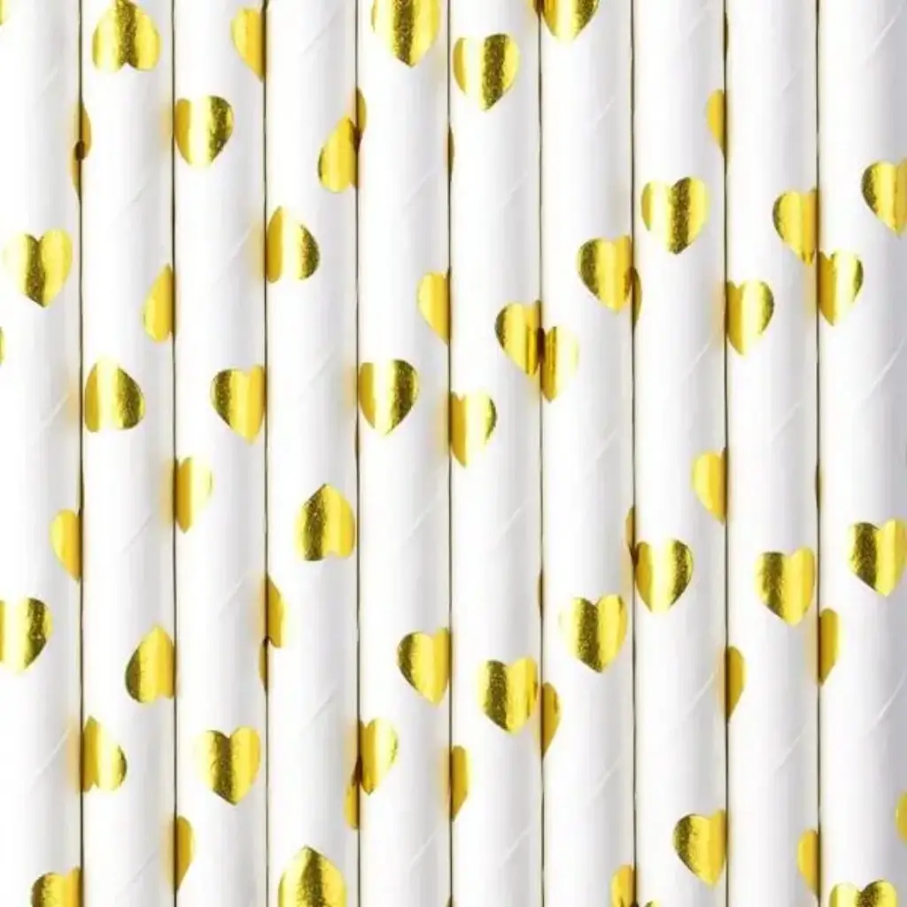 Pailles en papier blanches avec motif coeur or  - LOT DE 10