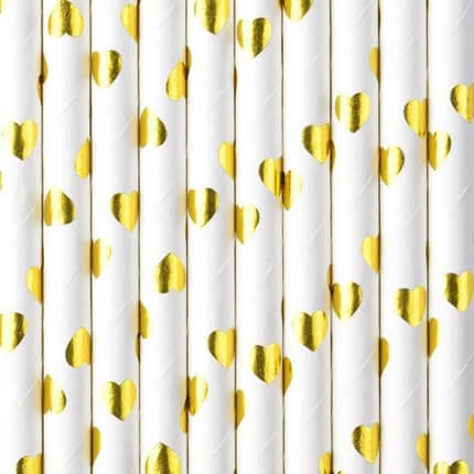 Pailles en papier blanches avec motif coeur or  - LOT DE 10