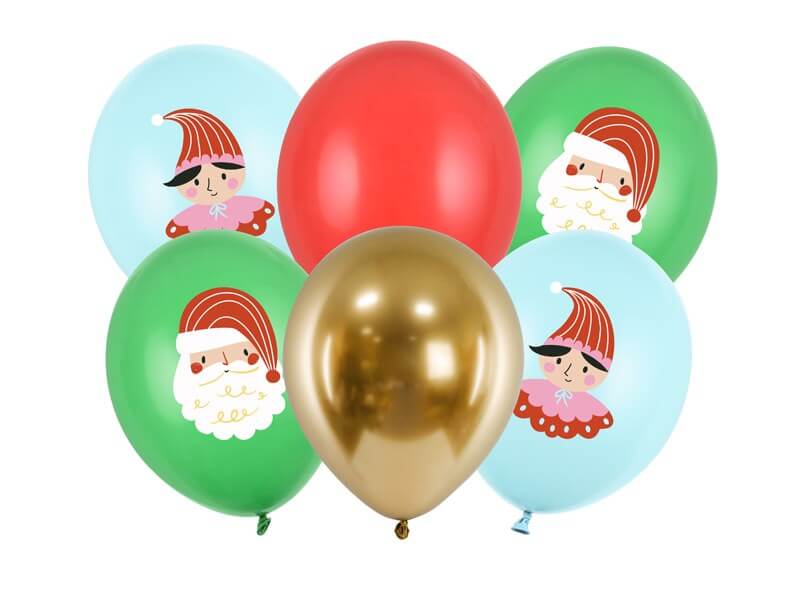 Lot de 6 ballons Noël imprimés - Rouge/Vert/Bleu/Or - 30cm