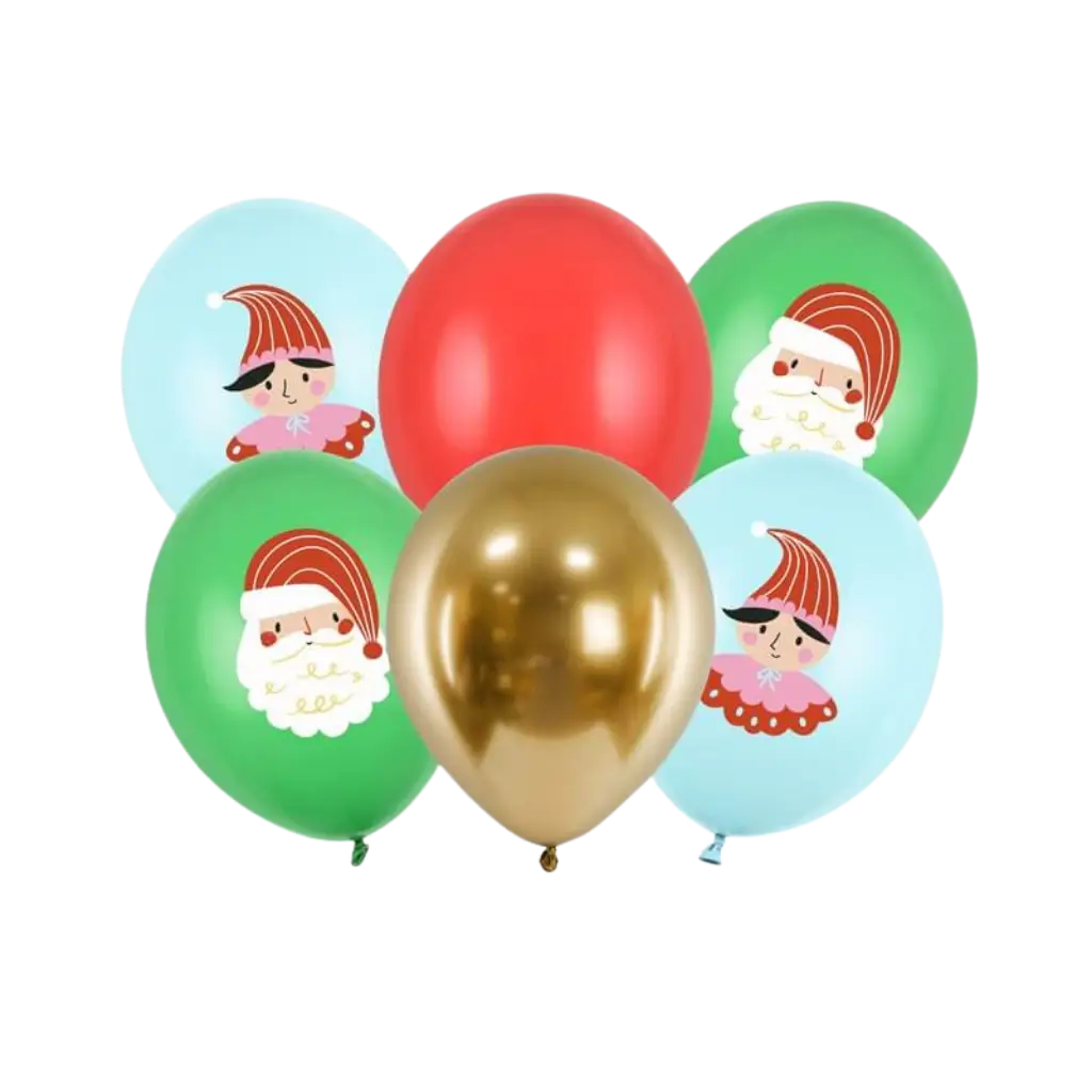 Lot de 6 ballons Noël imprimés - Rouge/Vert/Bleu/Or - 30cm