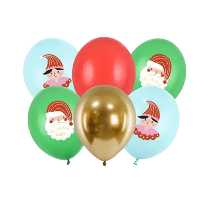 Lot de 6 ballons Noël imprimés - Rouge/Vert/Bleu/Or - 30cm