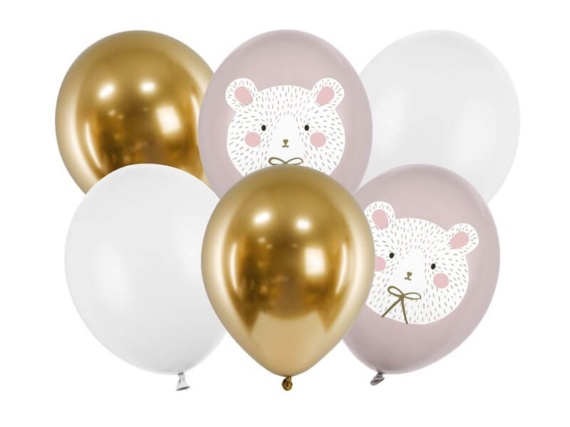 Lot de 6 ballons Noël imprimés Ours - Rose/Blanc/Or - 30cm