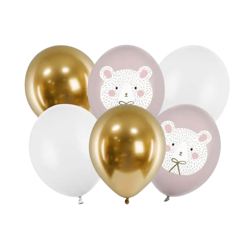 Lot de 6 ballons Noël imprimés Ours - Rose/Blanc/Or - 30cm