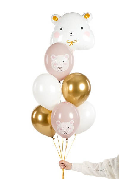 Lot de 6 ballons Noël imprimés Ours - Rose/Blanc/Or - 30cm