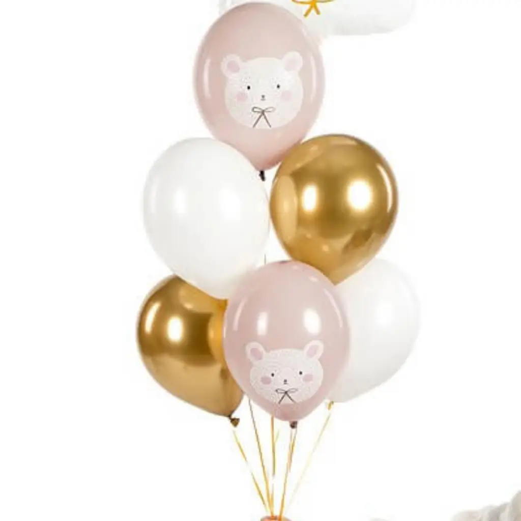 Lot de 6 ballons Noël imprimés Ours - Rose/Blanc/Or - 30cm