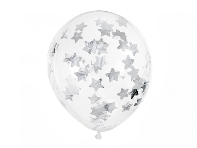 Lot de 6 Ballons Confettis Transparent - Étoile Argent -30cm