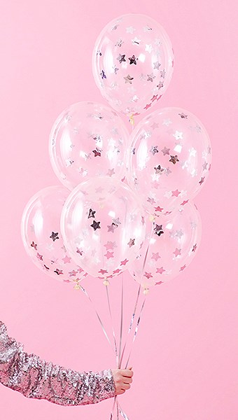 Lot de 6 Ballons Confettis Transparent - Étoile Argent -30cm