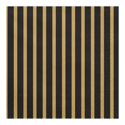 Serviette en papier rayée noire & or (Lot de 20)