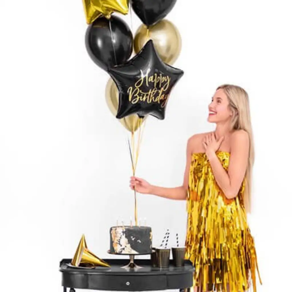Ballon Mylar Étoile - Happy Birthday - Noir &amp; Or 40cm