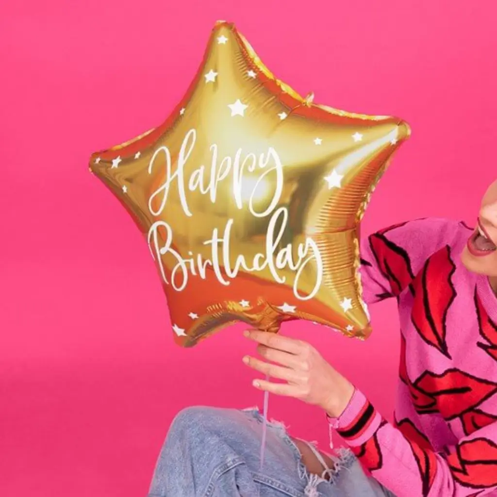 Ballon Mylar Étoile - Happy Birthday - Or &amp; Blanc - 40cm