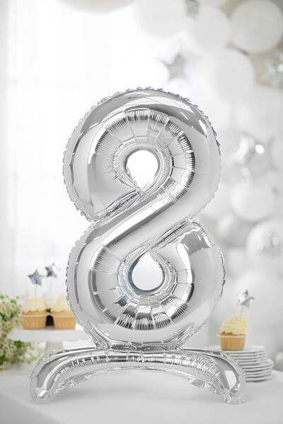 Ballon anniversaire chiffre 8 sur pieds Argent 70cm 