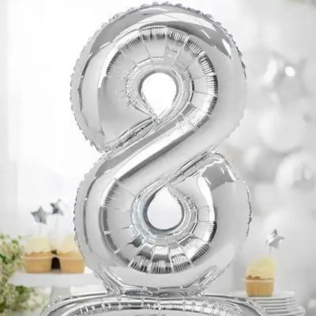 Ballon anniversaire chiffre 8 sur pieds Argent 70cm 