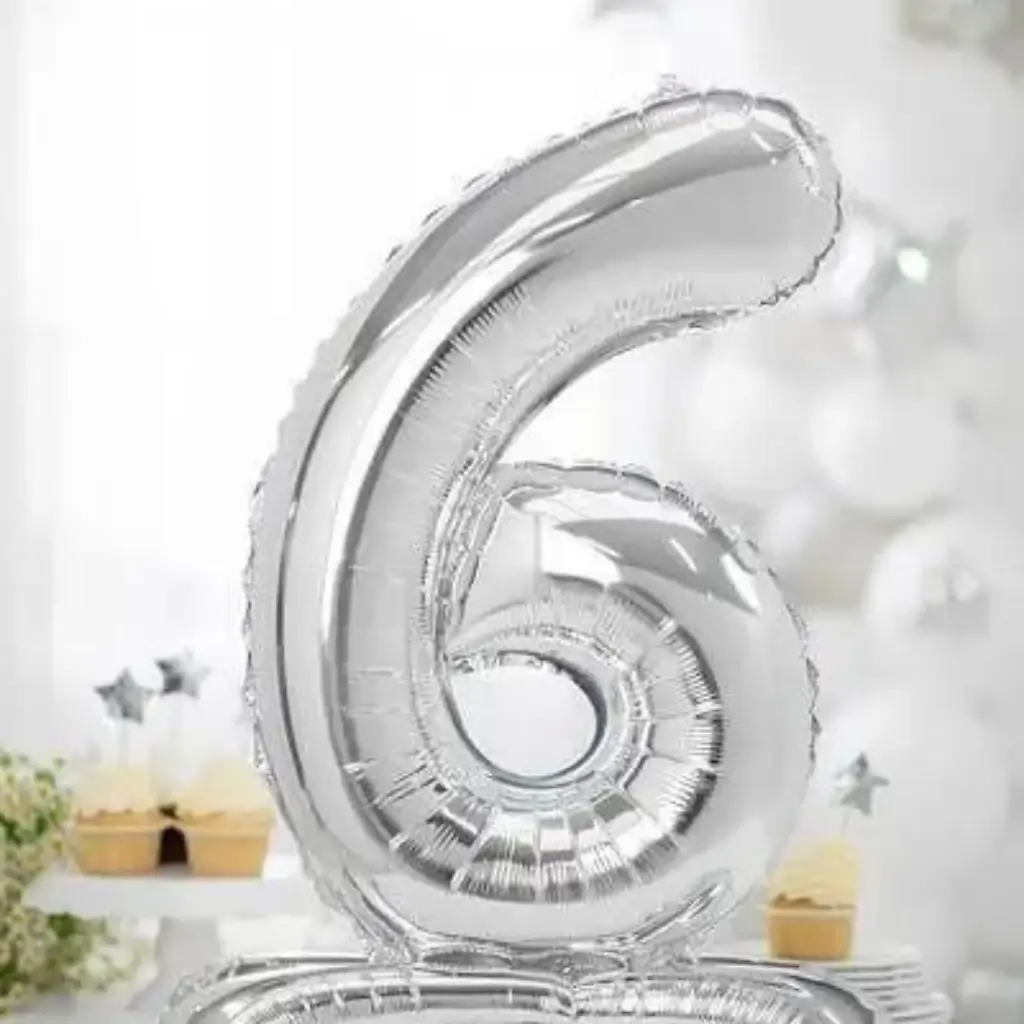 Ballon anniversaire chiffre 6 sur pieds Argent 70cm 