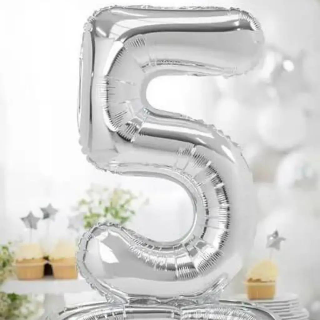 Ballon anniversaire chiffre 5 sur pieds Argent 70cm 