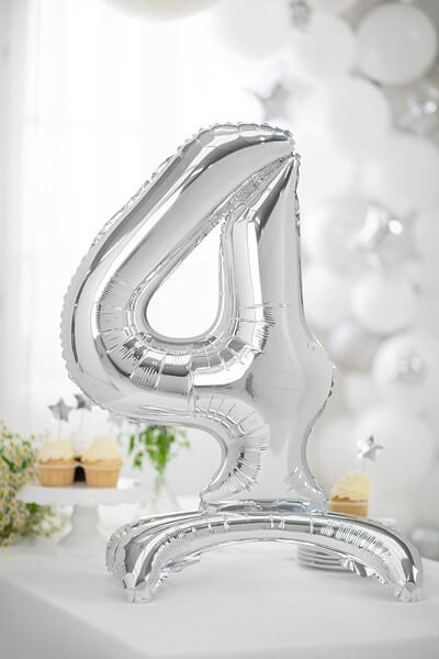 Ballon anniversaire chiffre 4 sur pieds Argent 70cm 