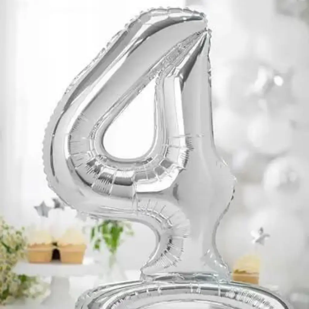 Ballon anniversaire chiffre 4 sur pieds Argent 70cm 