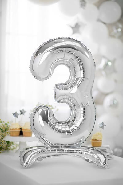Ballon anniversaire chiffre 3 sur pieds Argent 70cm 
