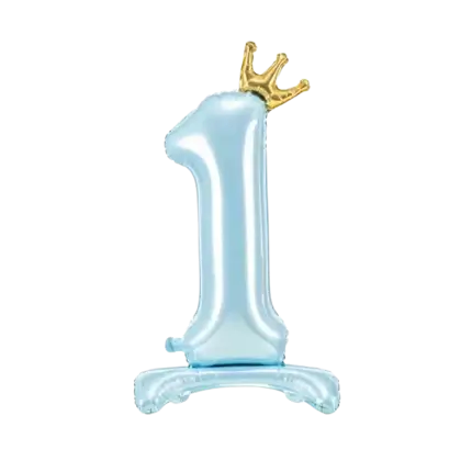 Ballon Bleu Clair Chiffre 1 avec Couronne + Support - 84cm