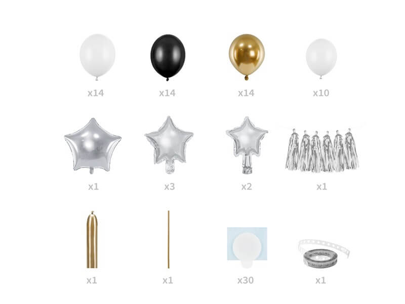 Arche de ballons Or et Noir + Étoiles Argent - 167x135cm
