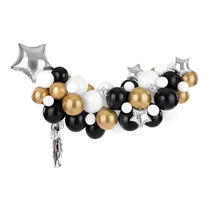 Arche de ballons Or et Noir + Étoiles Argent - 167x135cm