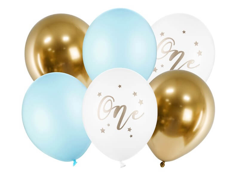Lot de 6 Ballons 1st Birthday - Bleu/Blanc/Or - 30cm