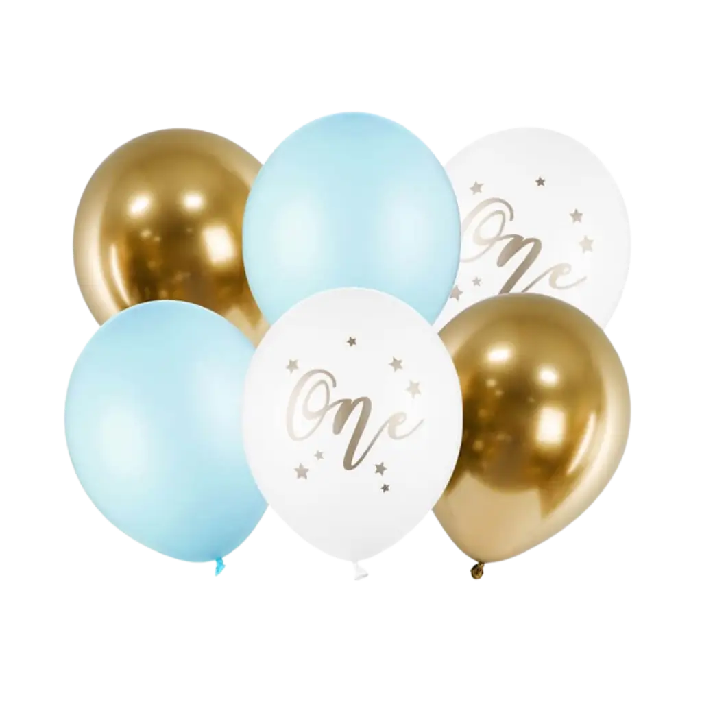 Lot de 6 Ballons 1st Birthday - Bleu/Blanc/Or - 30cm