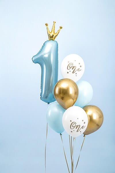 Lot de 6 Ballons 1st Birthday - Bleu/Blanc/Or - 30cm