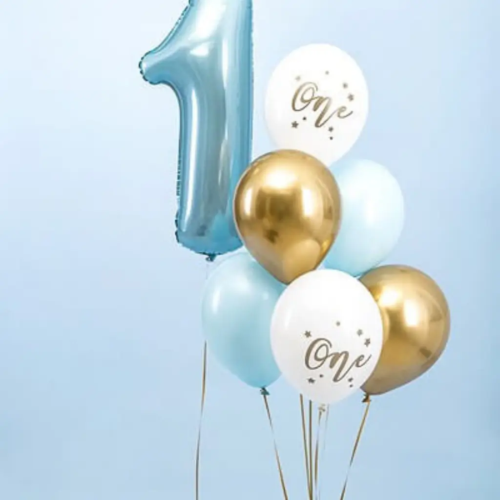 Lot de 6 Ballons 1st Birthday - Bleu/Blanc/Or - 30cm