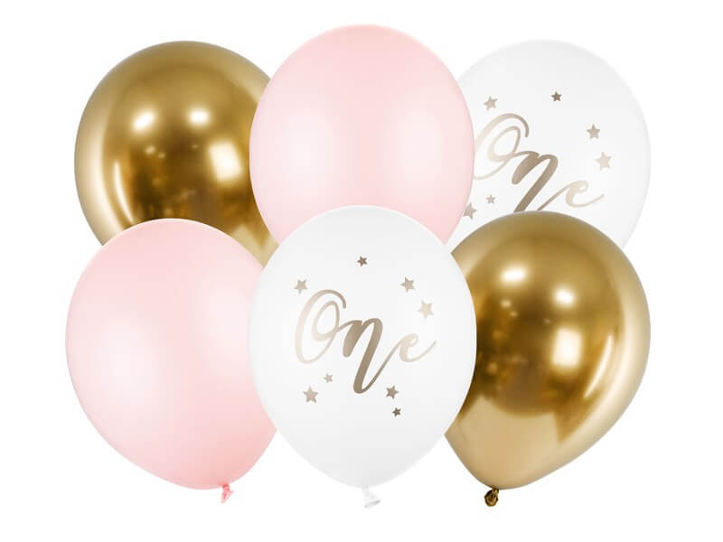 Lot de 6 Ballons 1st Birthday - Rose/Blanc/Or - 30cm