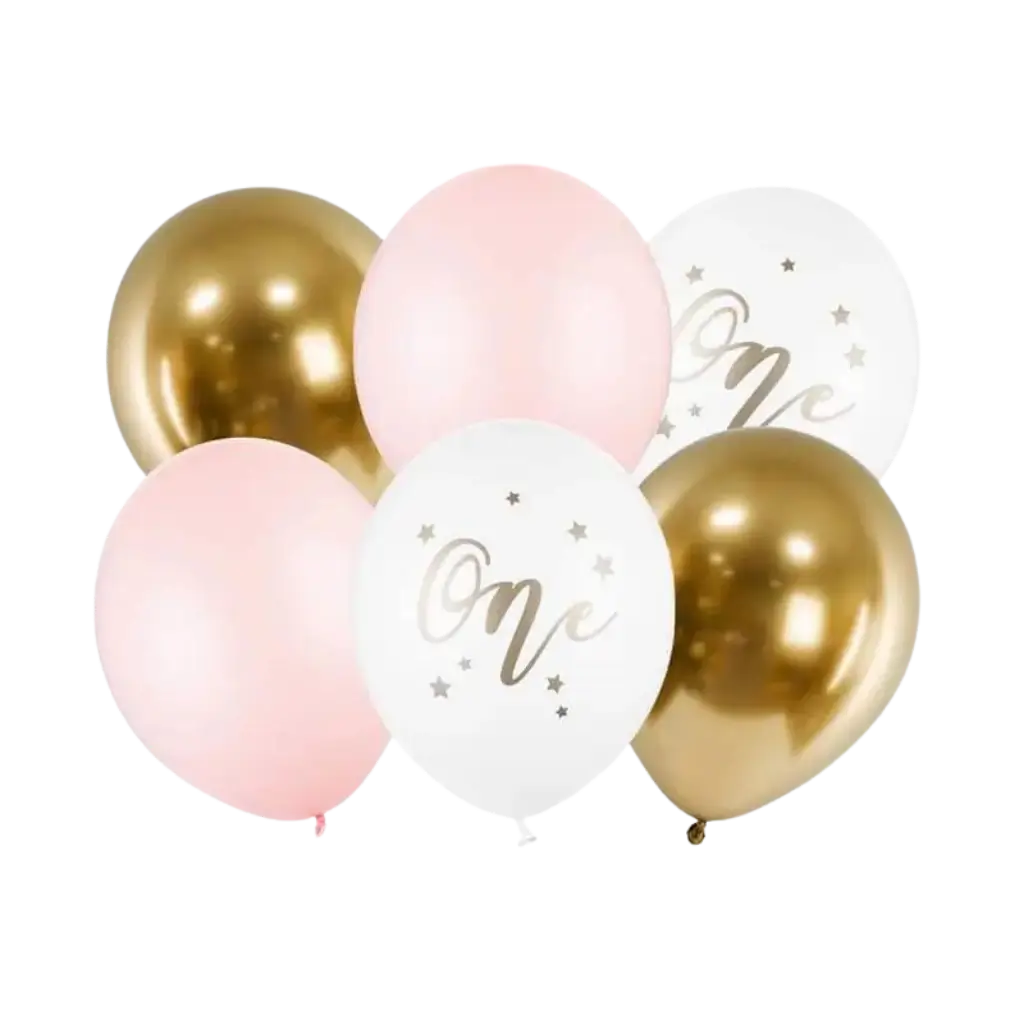 Lot de 6 Ballons 1st Birthday - Rose/Blanc/Or - 30cm