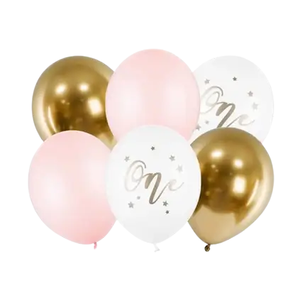Lot de 6 Ballons 1st Birthday - Rose/Blanc/Or - 30cm