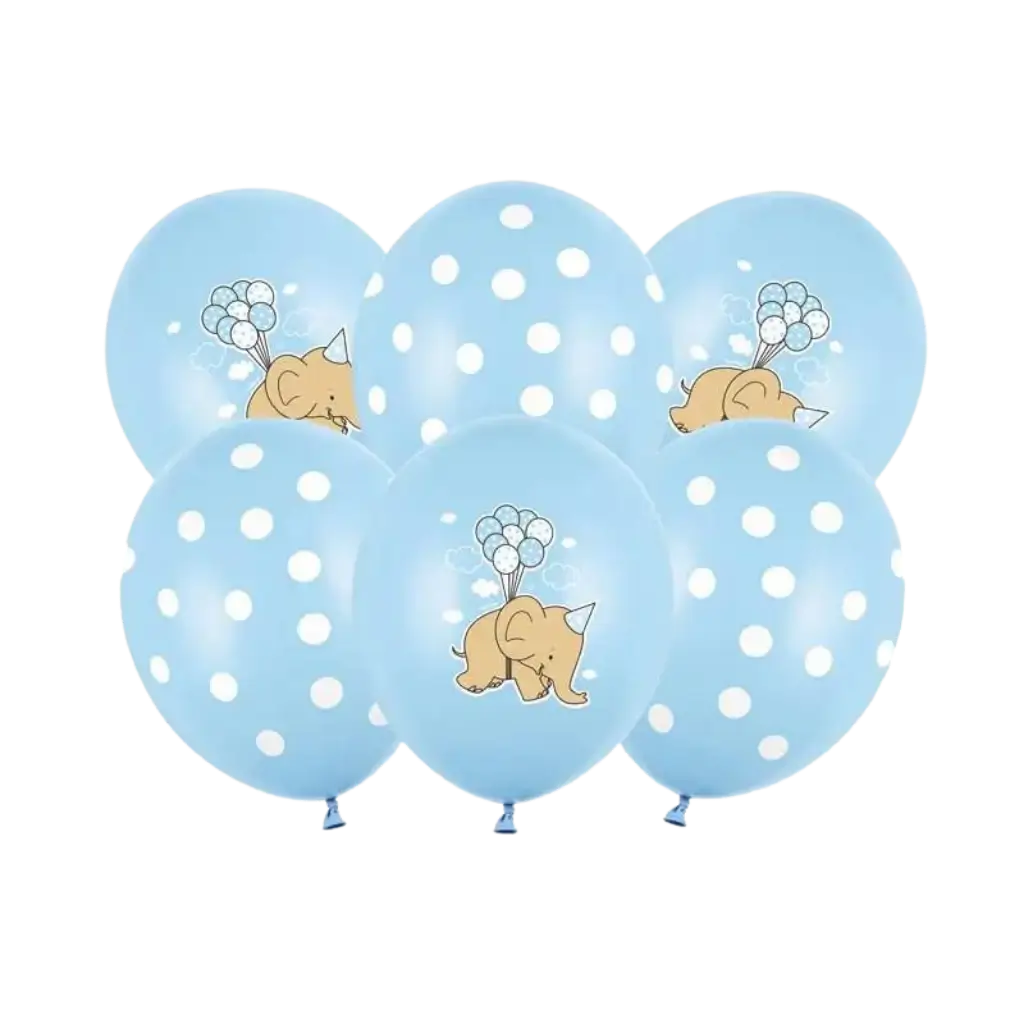 Lot de 6 Ballons bleus - Pois Blanc/Éléphant - 30cm