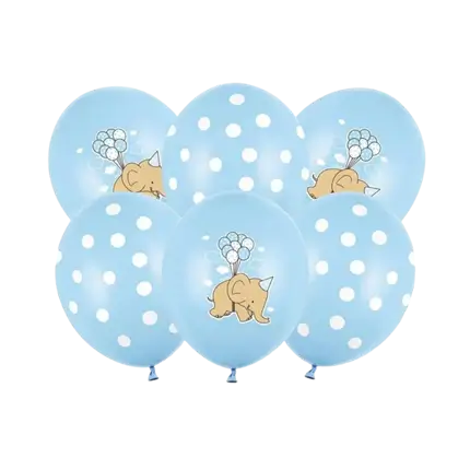 Lot de 6 Ballons bleus - Pois Blanc/Éléphant - 30cm