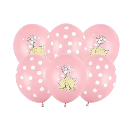 Lot de 6 Ballons Rose Pastel - Pois Blanc/Éléphant - 30cm