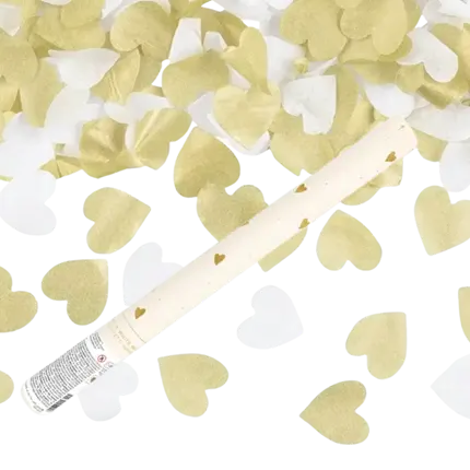 Canon main Confettis 35cm -Coeur Blanc/Or 100% BIODÉGRADABLE