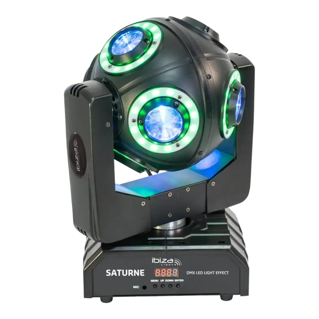 Lyre LED SATURNE 4-EN-1 avec 8 anneaux RGBW