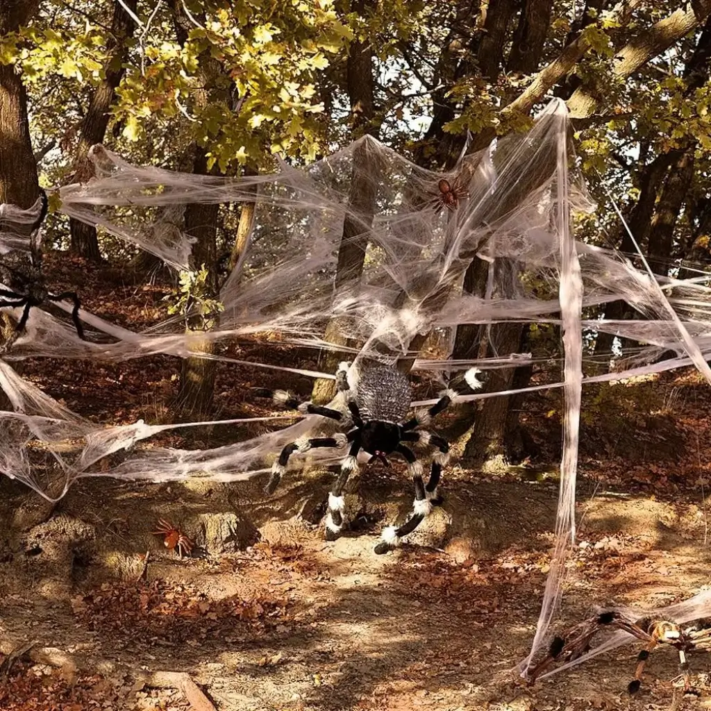 Toile d&#39;Araignée Blanche avec Araignées Décoration Halloween
